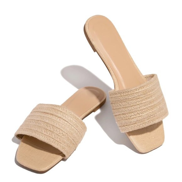 NEW🔥 Natural Woven Jute Raffia Slides Flat Sandal Flip Flops Square Open Toe - Picture 2 of 5
